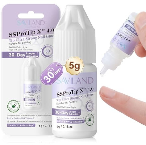 SAVILAND Ultra Strong Nail Glue, 5g Super Strong Nail Glue for Press On Nails with Castor Oil Vitamin E Long Lasting Nail Glue Strong Hold Nail Tip Glue for Acrylic Nails Fake Nails Home and Salon Use