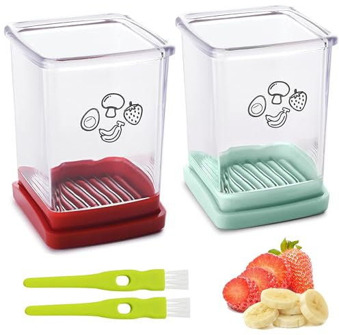 2 Pcs Cup Slicer, Stainless Steel Strawberry & Banana Slicer, Speed Fruit Cutter with Push Plate, Quickly Making Salad, Must Have Kitchen Gadget (Cyan+Red)