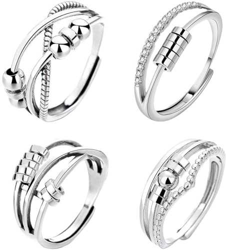 Anillo antiestrés y ansiedad, 4 perlas móviles, estado de ánimo ajustable, calmante, paz, regalos para mujeres y hombres, Metal, Ninguno