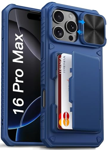 Vihibii for iPhone 16 Pro Max Wallet Case with Card Holder (4 Cards) [RFID Blocking] & Slide Camera Cover & Raised Edges Protect Screen, Shockproof Rugged Case for iPhone 16 Pro Max 6.9 2024, Blue