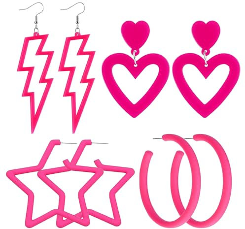 stroyayo Neon-Ohrringe Pink, 4 Paar Acryl-Ohrringe mit Clip-Findung, Neonfarben, Vintage-Design für Frauen, für 80er-Jahre-Party & Halloween