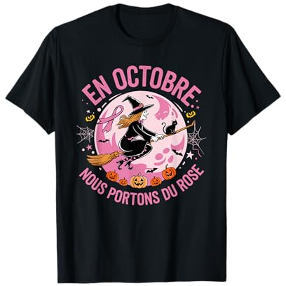 Octobre Rose Halloween Sorcière Sur Balai Octobre Rose T-Shirt