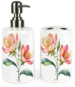 Coral Flowers Bathroom Accessories Set - Pretty Pink Floral Garden Gifts Refillable Ceramic Soap Pump Bottle Dispenser & Toothbrush Holder - Washrooom Home Gift Set of 2