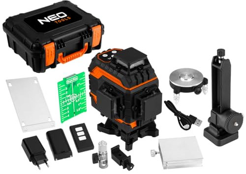 NEO TOOLS Laser 3D, grün 4x360 Grad, Linienlaser Grün Kreuzlaser Selbstnivellierend Nivelliergerät Baulaser 3D, Akku für Innen- und Außenbereich Baustelle