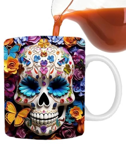 Tasse en céramique avec motif tête de mort et fleurs avec effet plat, tasse à café portable en forme de crâne avec couleurs vives, tasse à thé fantaisie en céramique pour café et thé