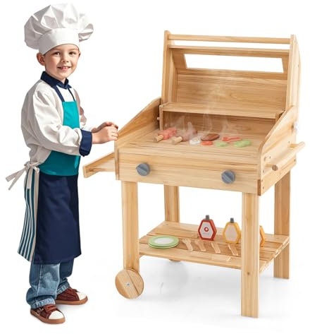 COSTWAY Barbecue Giocattolo per Giardino in Legno di Abete, Griglia Carrello Bambini con Cibo, Set Cucina Giocattolo con 25 Accessori BBQ, 53 x 36 x 63 cm, per Bambini 3+ Anni