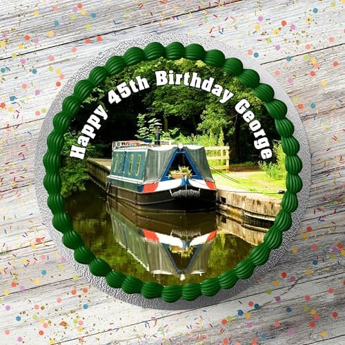 Canal Boat Barge Personalised 7.5 Round Edible Icing Cake Topper