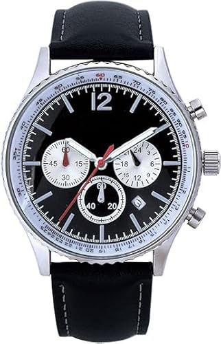 NUOVO Herren Chronograph Armbanduhr, Lederarmband, Schwarz-Silber, Analog Quarz mit Datumsanzeige