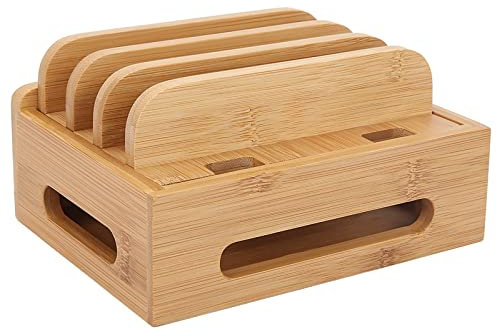 Qcwwy Multi-device Bamboo Charging Station Organizer for Phone Tablet Cord, 4-Slot Holder for Home Office Decor