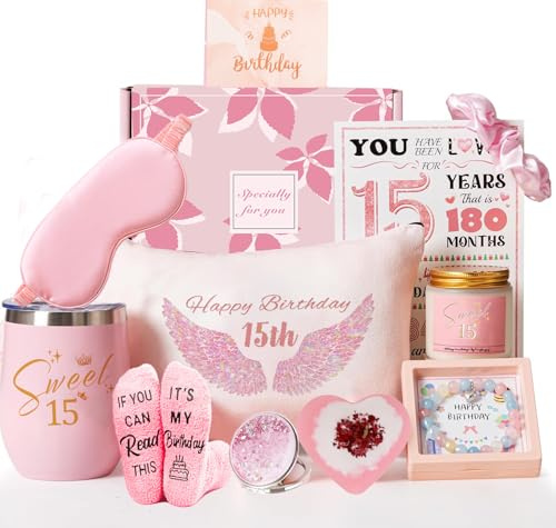 10 -pcck 15th Birthday Gift Basket for Girls – Happy 15th Pamper Gift Set for Daughter, Niece, Granddaughter, Sister, Best Friend, Teens – Unique and Cute Birthday Hampers for Her (10th-16th) (15th)