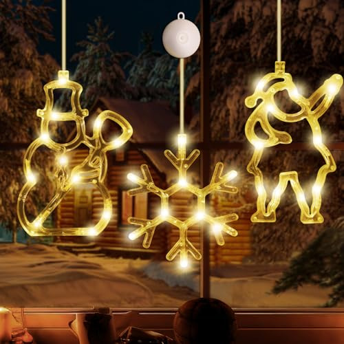 Bigqin 3 Stück LED Weihnachtsbeleuchtung, Batteriebetriebene Fensterbeleuchtung mit Saugnäpfe, Schneeflocke Schneemann Weihnachtsmann Weihnachtsdeko Fenster, Warmgelb Innen Außen Weihnachtsbeleuchtung