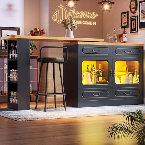 Ligterra Ausziehbarer Bartisch, Bartisch mit Stauraum, Hochtisch Kücheninsel, 360° Drehbare Essbar, 4 Schubladen, Snack-Regal, mit LED, für Wohnzimmer, Esszimmer, 135-203 * 39 * 92.9cm (Schwarz)