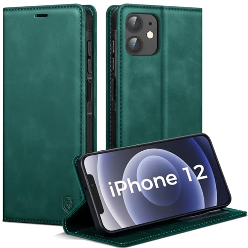 AIMOYU Handyhülle für iPhone 12/12 Pro Hülle, Premium PU Leder Klapphülle Schutzhülle, Tasche Magnet Kartenfach Standfunktion Flip Case Hülle für iPhone 12/12 Pro, Blau Grün