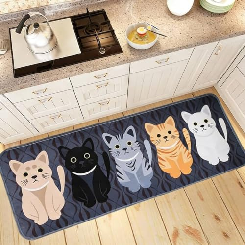 Qingnanxi 1 Piece Grey Cute Cartoon Cat Rug Pattern Rectangular Floor Mat - Non-Slip and Absorbent Mat for Kitchen, Bathroom, Bedroom, Corridor, Balcony, and Entryway