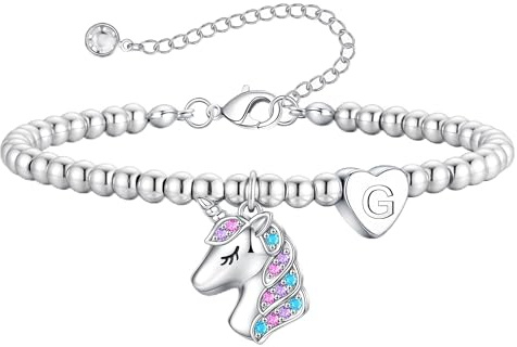Turandoss Einhorn Geschenke für Mädchen Armband, 14K Weißgold Vergoldet Herz Einhorn Armband mit Buchstaben für Kinder, Einschulung Geburtstagsgeschenke für Mädchen Tochter Nichte Schmuck