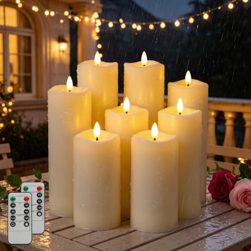 Ketom Velas LED Decorativas, Velas LED Efecto Llama Exterior, 8 Piezas | Impermeables Velas Electricas Realistas con Mando a Distancia y Temporizador, Plástico, Ø5,5 x H13/15/17/19 cm, Sin Pila