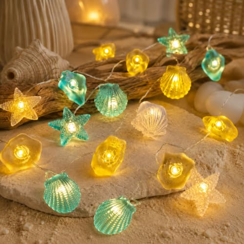 ALEGRE Deko Maritim Lichterkette Meerestiere, 2M 20 LED Seestern Muschel Lichterkette Batterie, Maritime Deko Unterwasserwelt Lichterketten Innen für Badezimmer,Kinderzimmer,Hochzeit,Weihnachten Dekoe