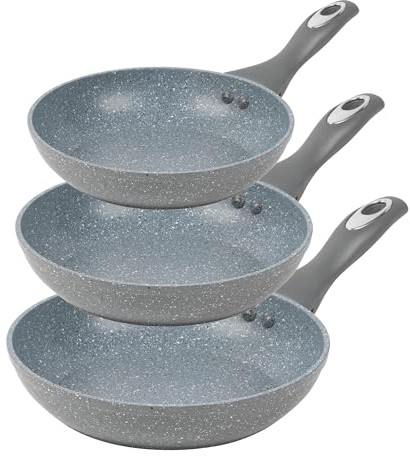Salter COMBO-6441 3 Piece Non-Stick Frying Pan Set, 20/24/28cm, Bakelite Handle, Marble Collection, Induction Hob Suitable, Dishwasher Safe, PFOA Free, Use Little or No Oil, Forged Aluminium, Grey