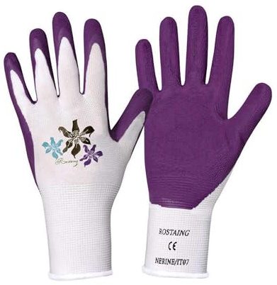 ROSTAING Handschuhe NERINE - Ein Paar Latex-Mehrzweck-Schutzhandschuhe - Idealer Schutz bei Heimwerker- und Gartenarbeiten in feuchter Umgebung - Pflanzhandschuhe - Violett und Weiß | Wasserdichtes Latex, Basteln, Bepflanzen, kleine Dornen, feuchte Umgebung, Unkrautjäten, Greifen