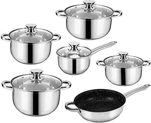 12pc Cookware Set, Deluxe Quality Stainless Steel, Casserole, Stock Pot, Saucepan, Fry Pan with Marble Coating | Induction Safe | Oven Safe | Dishwasher Safe - 5 Layer Capsule Bottom