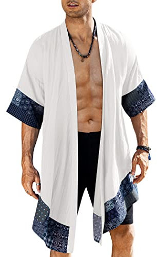COOFANDY Herren Cardigan leichte Baumwoll-Pullover Kimono Stil umhang vorne offen Cape klein weiß
