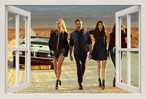 Unified Distribution Fast and Furious Paul Walker - Wüstenbild mit Pontiac Musclecar und Frauen - Wandtattoo mit 3D Effekt, Aufkleber für Wände und Türen Größe: 92x61 cm, Stil: Fenster