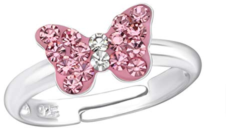 Goldene Hufeisen Kinder Ring 925 Echt Silber Mädchen Fingerring Emaille Kristalle Verstellbar (Schmetterling CZ / 9 x 6mm)