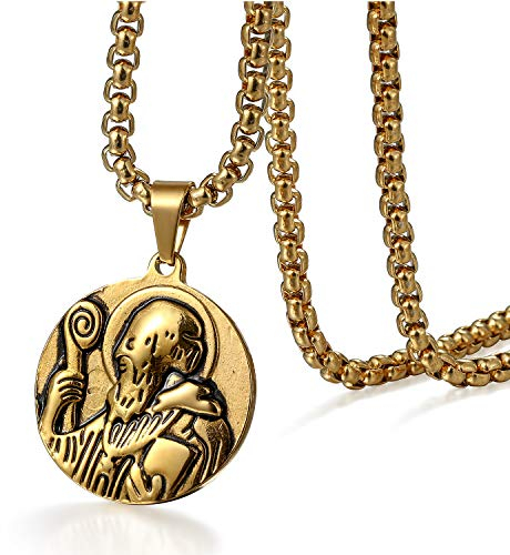 JewelryWe Schmuck Retro Herren Halskette Edelstahl Saint Benedikt Exorzismus Jesus Medaillon Tag Religiöse Anhänger mit 22 Zoll Kette mit Gravur Gold
