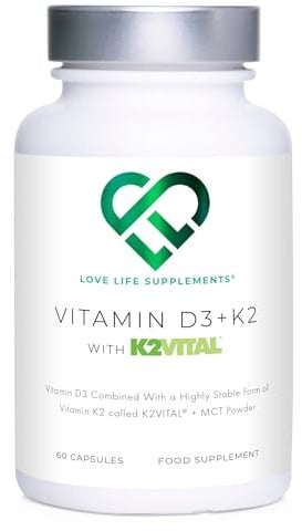 Vitamin D3 K2 and MCT Powder for Superior Absorption | Includes K2VITAL® MK-7 - A Premium Form of K2 | 60 Capsules | 3000iu D3 + 100μg K2 | Love Life Supplements - Premium UK Supplements