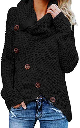 Tuopuda Maglione Donna Felpa Ragazza Asimmetrica Sweatshirt Collo Alto Pullover Elegante Casual Tops Maniche Lunghe Maglione Autunnale Invernale Primavera con Bottoni Natale, Nero, M