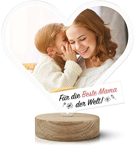 GRAVURZEILE Personalisiertes Acrylherz mit deinem Foto für die Beste Mama der Welt - Holzsockel - Geschenk für Mama zum Geburtstag oder Muttertag - Muttertagsgeschenk