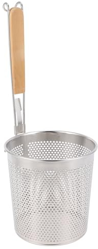 BESTonZON Colador redondo grande para wok cesta de asado de acero inoxidable mango de madera para resistencia al calor udon pasta fideos ramen enjuague tensión hervir asado 12 cm
