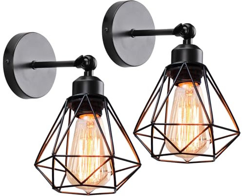 iDEGU 2 Stück Wandleuchte Industrielle Vintage Wandlampe Deckenleuchte Geometrisches Design Metall Käfig E27 Retro Lampe für Wohnzimmer Küche Flur, 16 cm Lampenschirm (Schwarz)