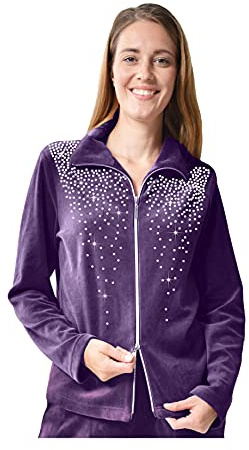 DeSen Damen Freizeitjacke Hausjacke Bluse Mit Reißverschluss Sport Hoher Baumwollanteil Ohne Kappe mit Hellem Strassstein