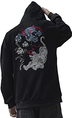 XYXIONGMAO Sweat à capuche brodé Streetwear Dragon Tiger Fight pour hommes japonais noir Hip Hop Graphic Hoodie Techwear, Black06, Large