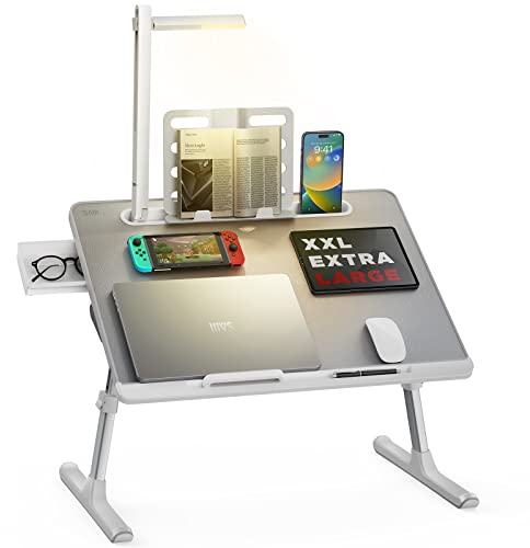 Laptop tray, Lapdesk, SAIJI 3 Light Modes Bed Desk, Height Adjustable, with Book Stand, Drawer, Tablet Slot, For Read, Study, Work, Breakfast (Light Grey)