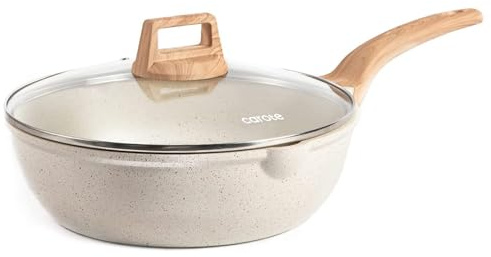 CAROTE 12Inch Nonstick Deep Frying Pan with Lid, 5.5 Qt Jumbo Cooker Saute Pan with Pour Spout, Skillet Induction Cookware, Non Stick Cooking Pan Kitchen Pan PFOA Free, White Granite