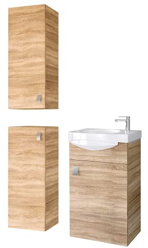 Planetmöbel Conjunto de Muebles de baño Lavabo con Mueble bajo 40 x 60 x 29 cm con 2X armarios Midi 32 x 75 x 23 cm para Cuarto de baño y WC de Invitados, Roble Sonoma