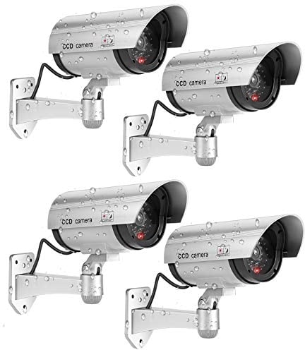 FITNATE 4 Stück Kamera attrappe, Fake Kamera Outdoor, Batteriebetrieben, regenbeständig, CCTV-Überwachungssystem mit rotem LED Blinklicht, 4 Sicherheitswarnaufklebern und 12 Schrauben - Silber