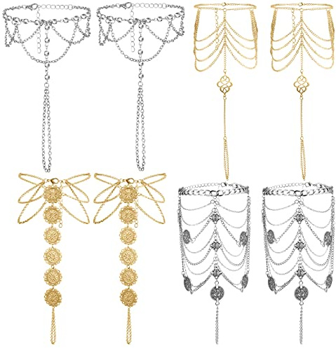 Tondiamo 4 Pairs Barefoot Foot Sandals for Women Summer Foot Jewelry Beach Tassels Anklet Chain Bracelet Wedding Multi Chain Boho Coin Anklet Bracelet Accessories