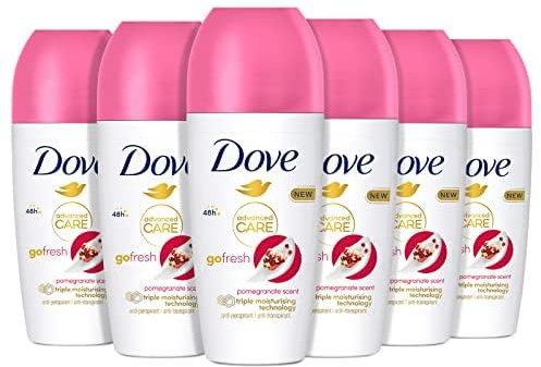 Dove, Deodorante Roll On Advanced Care Melograno, Deodorante Antitraspirante, Formula Delicata Con Tripla Azione Idratante, Protezione Fino a 48 Ore, Deodorante Uomo e Donna, 6 Pezzi da 50 ml