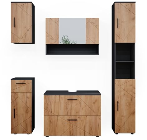 Vicco Badmöbel-Set Irma, Badezimmerschrank-Set, Anthrazit/Eiche, 5 Teile