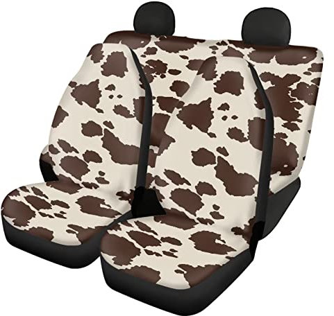 Suhoaziia Autositzbezüge für Kinder vorne und hinten, Kuhfell-Aufdruck, Braun, gestreift, komplettes Set mit 4 Teilen, geteilte Sitzbezüge für Damen