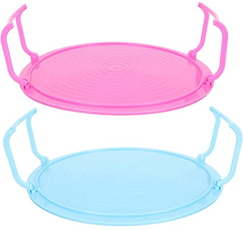 2 Pcs Microwave Folding Tray 2 in 1 Plate Dish Stand with Handle Steaming Shelf Foldable Baking Rack Anti-Slip Heating Layered Cook Organiser for Hot Food Plates Dishes Bowl (Blue&Pink)