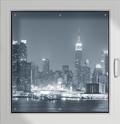 Wallario Lichtschutzbild, Dekorativer Sichtschutz Sonnenschutz 96 x 100 cm mit Motiv: New York Skyline - Schwarz Weiß Blau - Verdunklungsrollo ohne Bohren