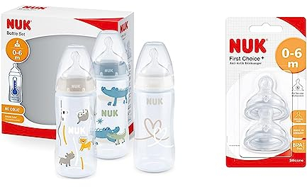 NUK First Choice+ Baby Bottles Set | 0-6 Months | Temperature Control | Anti Colic Vent | 300 ml & First Choice+ Baby Bottle Teat, 0-6 Months, Silicone with Small Feed Hole, Anti-Colic, 2 Count