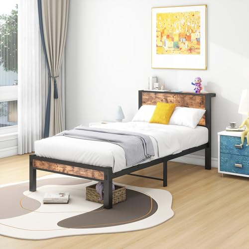 HOMERECOMMEND Bett 90x200 Bettgestell Bettkopf mit Ablagefläce,Lattenrost Metall,Gästebett für kleine Räume, Schwarz