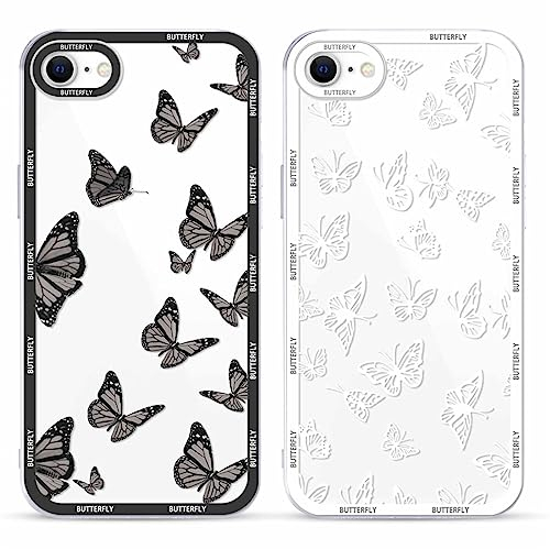 Yoedge 2 Stück Transparent HandyHülle für iPhone 8/7 / SE 2022/ SE 2020 Hülle Schmetterling 4,7,TPU Silikon Schutzhülle für iPhone SE 3 Case 3D Schwarz Butterfly Muster Aesthetic Durchsichtig Cover