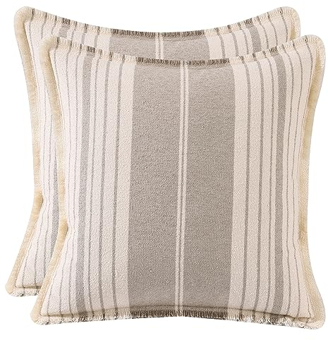 Tosleo 2er Set Boho Streifen Kissenbezug mit Quaste Weiche Baumwolle Leinen Kissenhülle 45x45 cm für Bauernhaus Sofa Schlafzimmer Wohnzimmer Bauernhaus Auto Kopfkissenbezug Grauer Breiter Streifen