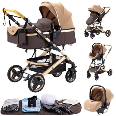 YAZOCO kinderwagen 3 in 1, Zusammenklappbar kinderwagen mit Wickeltasche,Komplettset Becherhalter,Moskitonetz, Fußabdeckung,Sitzzubehör (2 Khaki)